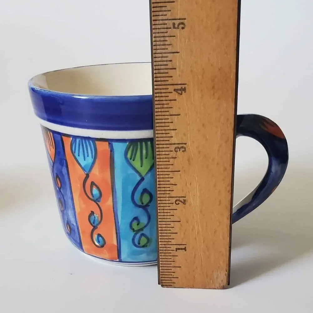 Pier 1 Hand Painted Large Stoneware Mugs‎ Pair 16oz Multicolor Made in India